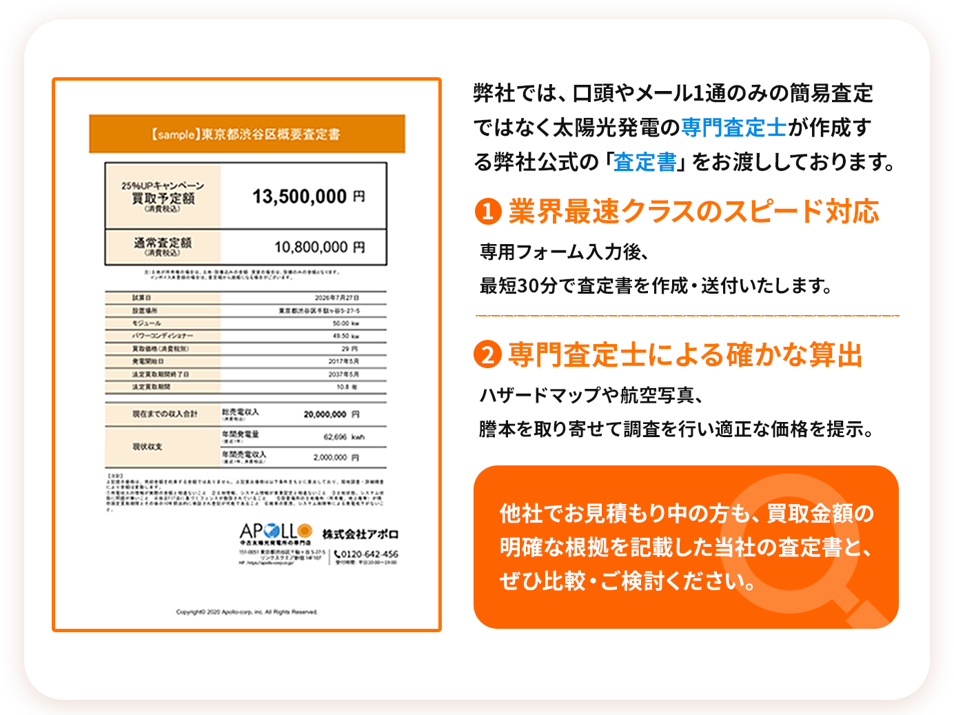 弊社では、口頭やメール1通のみの簡易査定ではなく太陽光発電の専門査定士が作成する弊社公式の「査定書」をお渡ししております。1 業界最速クラスのスピード対応2 専門査定士による確かな算出他社でお見積もり中の方も、買取金額の明確な根拠を記載した当社の査定書と、ぜひ比較・ご検討ください。