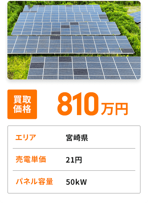 買取価格810万円／エリア 宮崎県／売電単価 21円／パネル容量 50kW